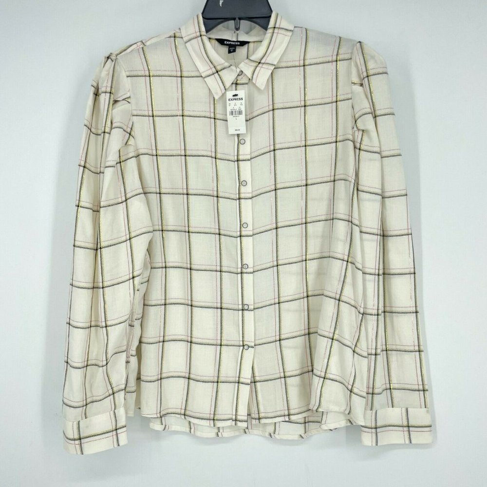 NWT Express Button-Up Shirt Women's Sz L Check Pattern Collared Shirt